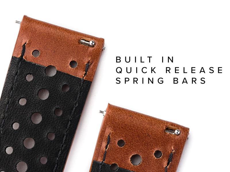 20mm 22mm Leather Rally Racing Watch Band Quick Release Strap - Black Tan Brown gallery