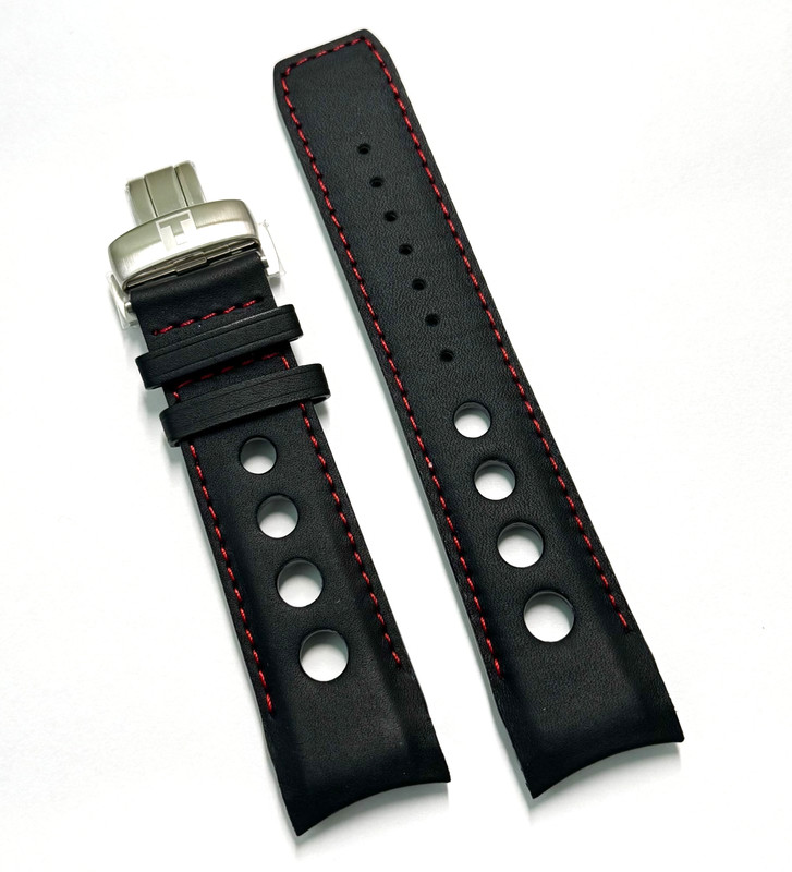 Original Tissot PRS516 Fits CASE-BACK # T079427A Black / Red Leather Band Strap