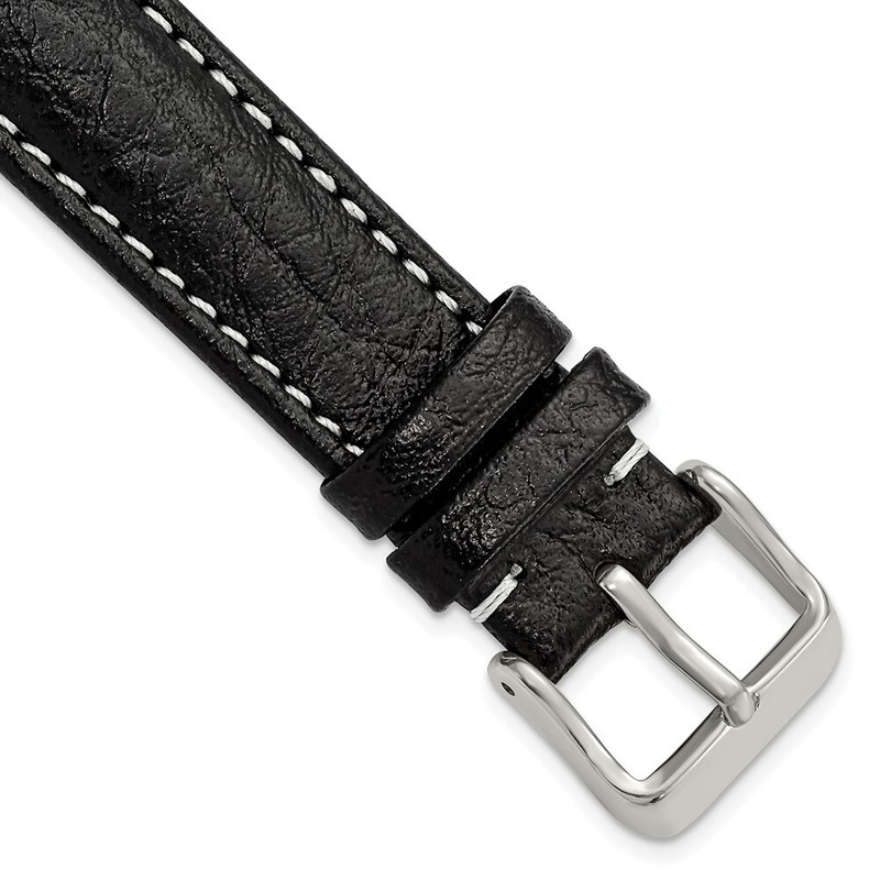 17mm 7.5" Black Leather White Stitch Silver-tone Buckle Watch Band