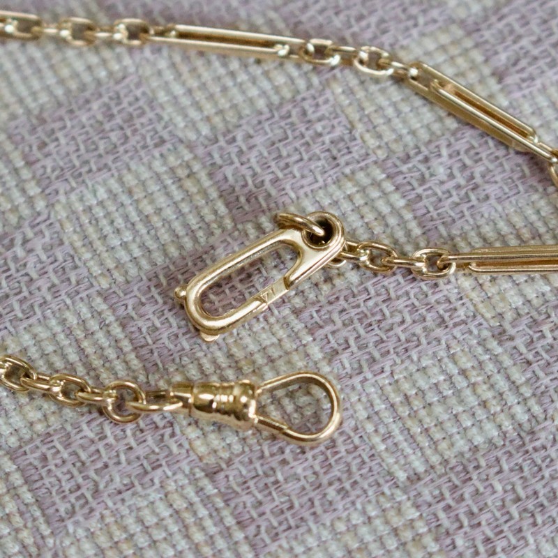 VINTAGE 14K YELLOW GOLD HANDMADE BAR LINK POCKET WATCH CHAIN w/DOG CLIP (13.5") gallery