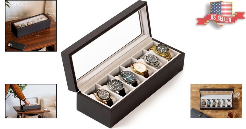 Classic Solid Wood Watch Organizer with Glass Top - 6 Compartment Luxury Design gallery