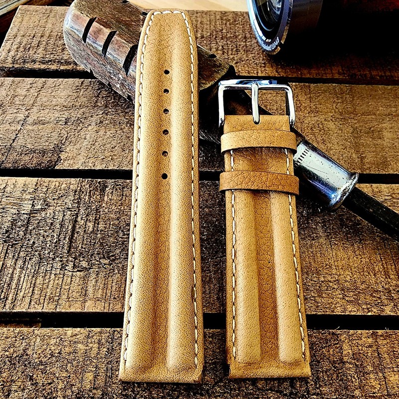 22mm Military Pilot RAF Khaki Tan Brown Handmade Raw Leather WWII Watchband USA