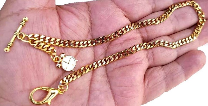 Gold Plated Pocket Watch Chain With T-Bar End and Ornate Fob