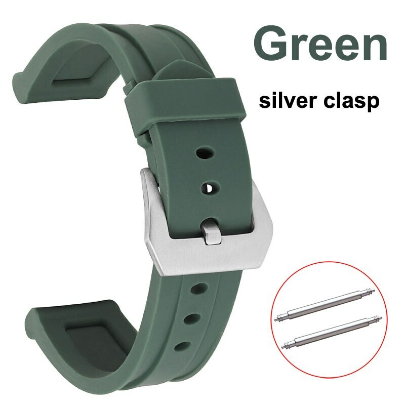 26mm 24mm 22mm Silicone Rubber Strap Sports Watch Band Black Silver Steel Buckle gallery