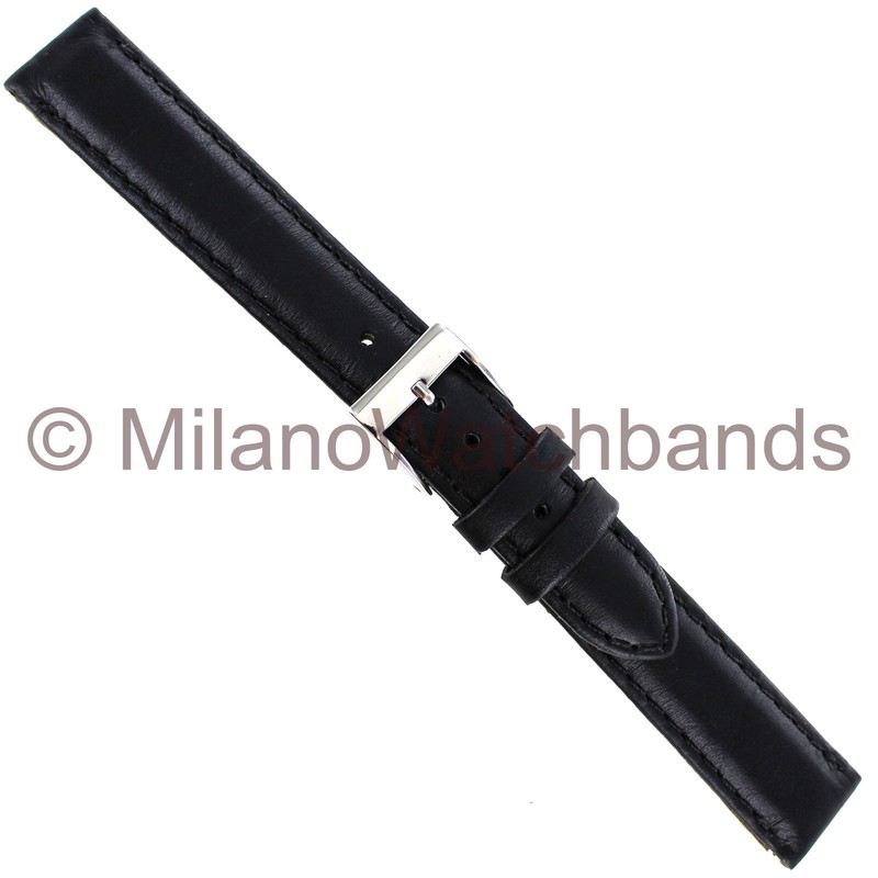 16mm Milano Black Genuine Leather Padded Stitched Silver Tone Buckle Watch Band