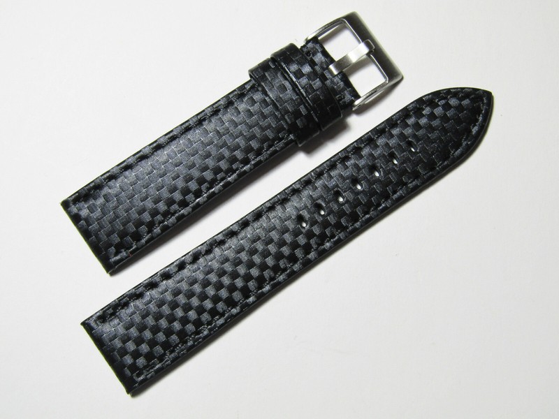 20mm Hadley-Roma MS847 Black Carbon Fiber Leather Black Stitch Watch Band Strap