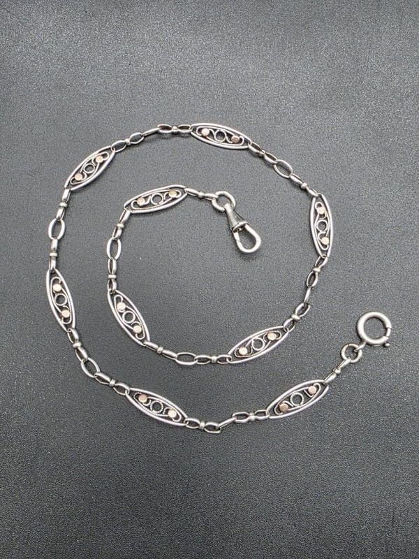 Antique Art Deco Silver 800 Single Albert Pocket Watch Chain France c1920s gallery