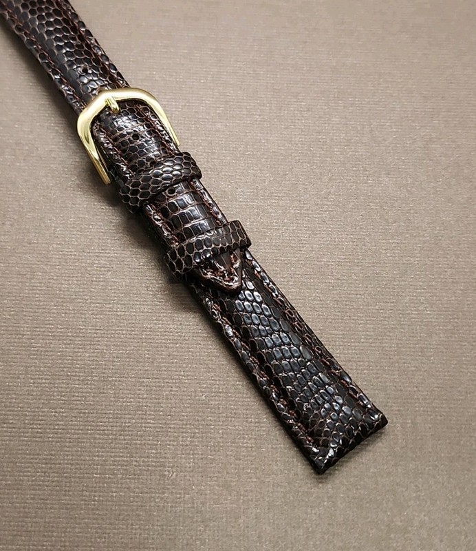 Vintage NOS 16mm Dark Brown Padded & Stitched Genuine Lizard Watch Band gallery