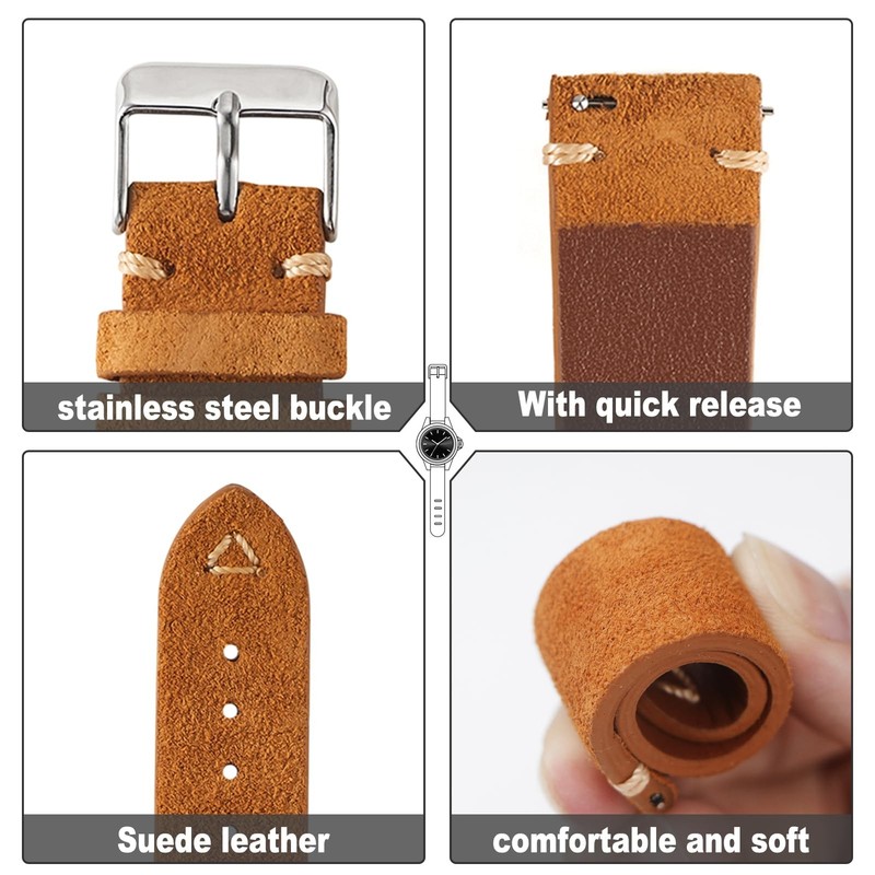 WOUKUP Quick Release Suede Leather Watch Bands 19MM, Tan & Silver Buckle gallery