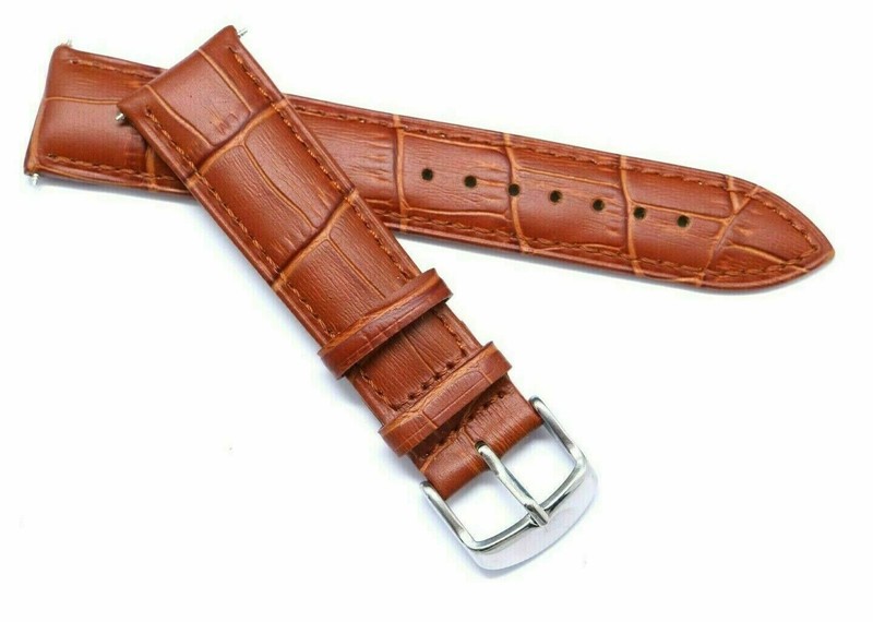20mm Brown Crocodile Grain Leather Watch Band Black, Gold, Silver Tone Buckle