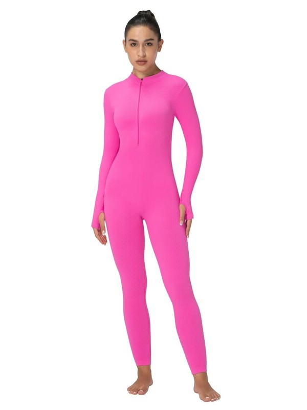 Sunzel Ribbed Long Sleeve Legging-Fit Jumpsuit Zip Front Thumbhole L Hot Pink gallery