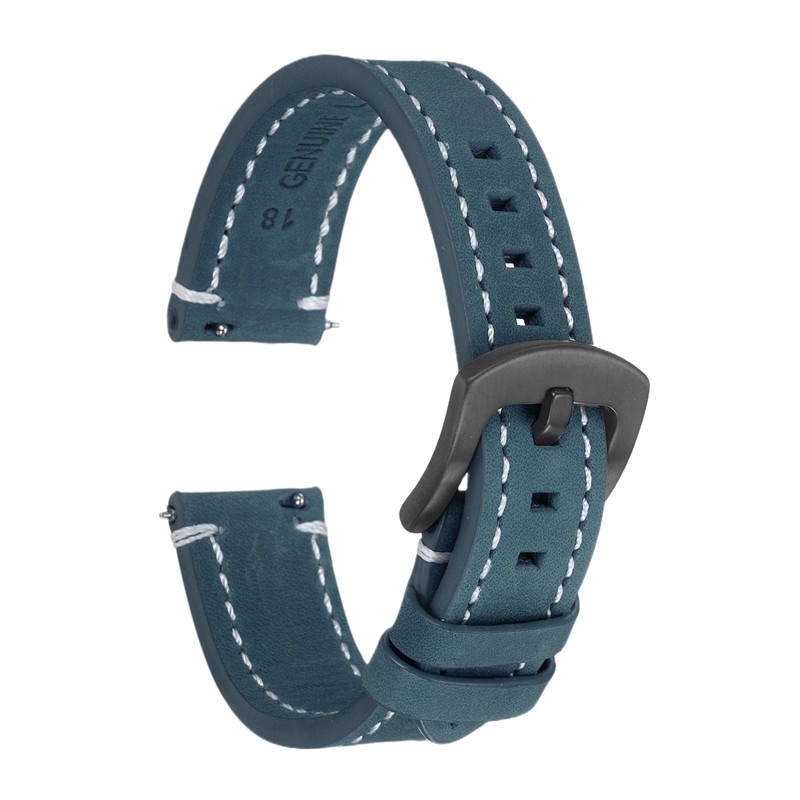 18mm Leather Watch Bands Cowhide Quick Release Strap Black Buckle Dark Blue