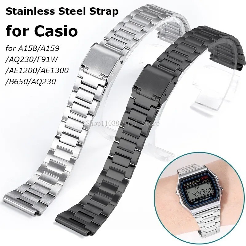 for Casio Stainless Steel Strap 18mm Metal Watchband for A158/A159/AQ230/F91W/AE