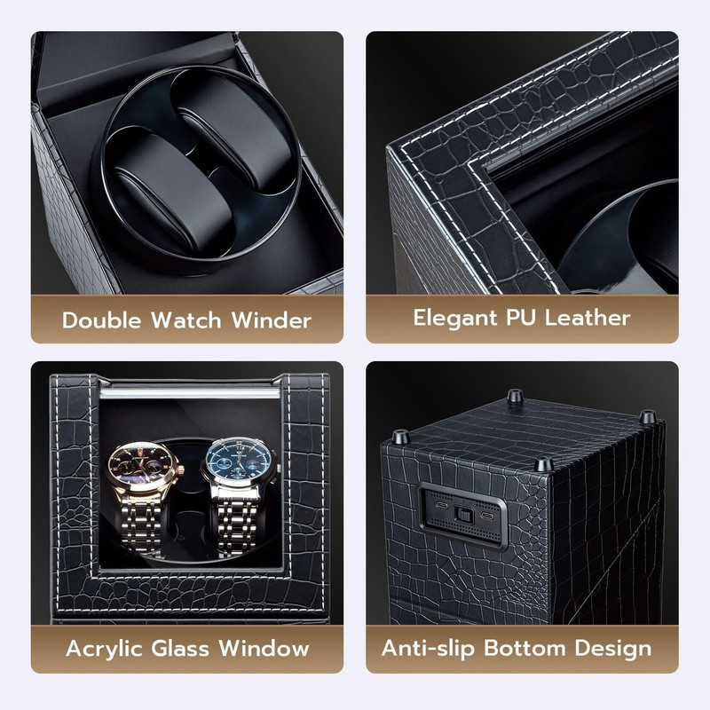 Exquisite Double Watch Winder Box for Automatic Watches - Modern Leather Finish gallery