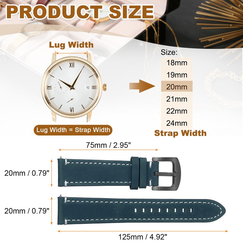 20mm Leather Watch Bands Cowhide Quick Release Strap Black Buckle Dark Blue gallery