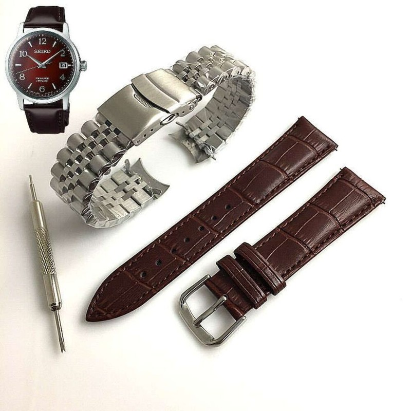 Steel & Leather Replacement Watch Band Strap For Seiko SRPE41 4R35-04A0 SRPE41K1