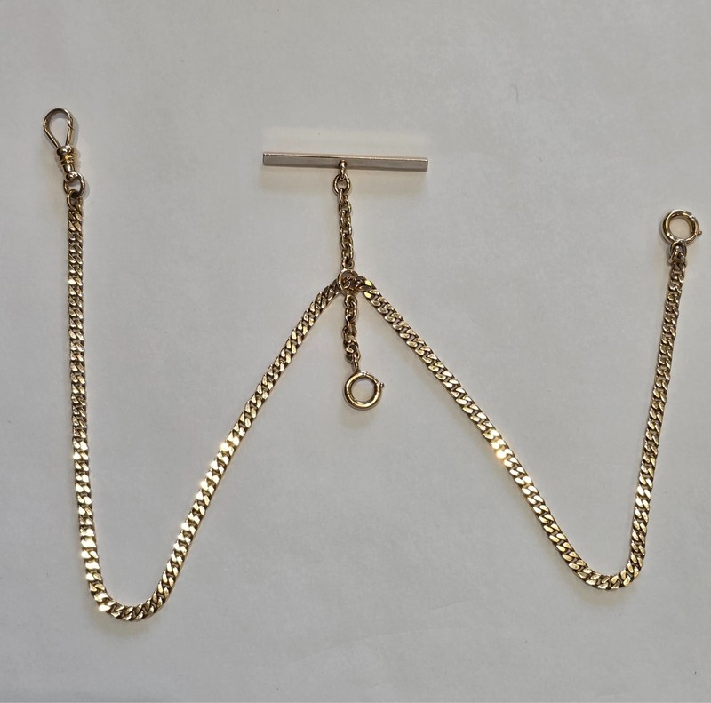 14k yellow gold double Albert flat curb style pocket watch chain