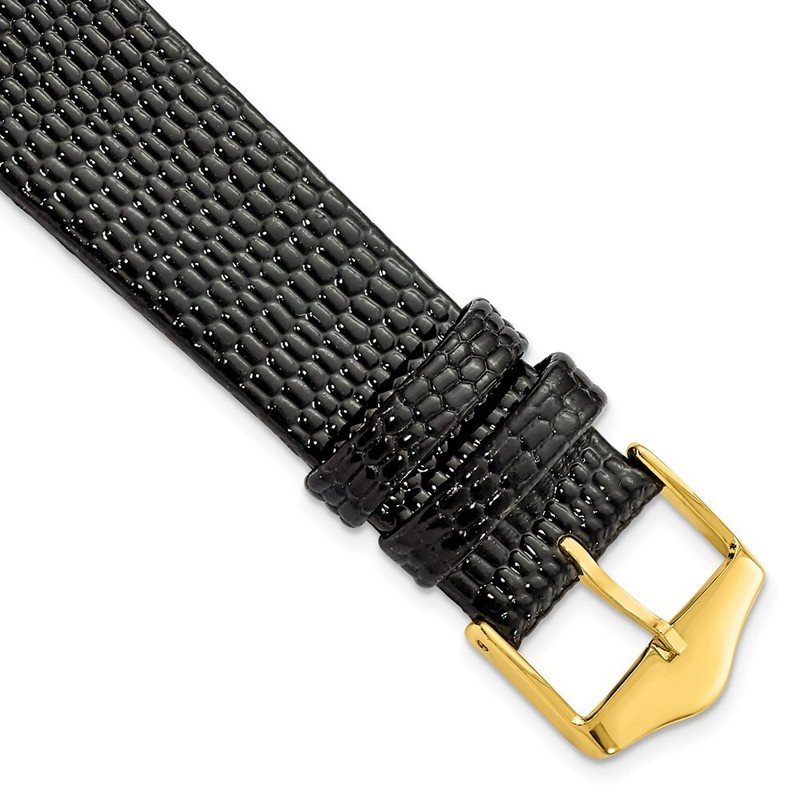 18mm 7.5″ Flat Black Lizard-Style Grain Leather Gold-tone Buckle Watch Band