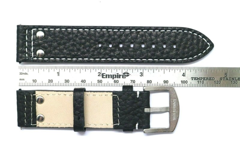 20 22mm Black or Brown Double Rivet Style Buffalo-Grain Leather Men's Watch Band gallery