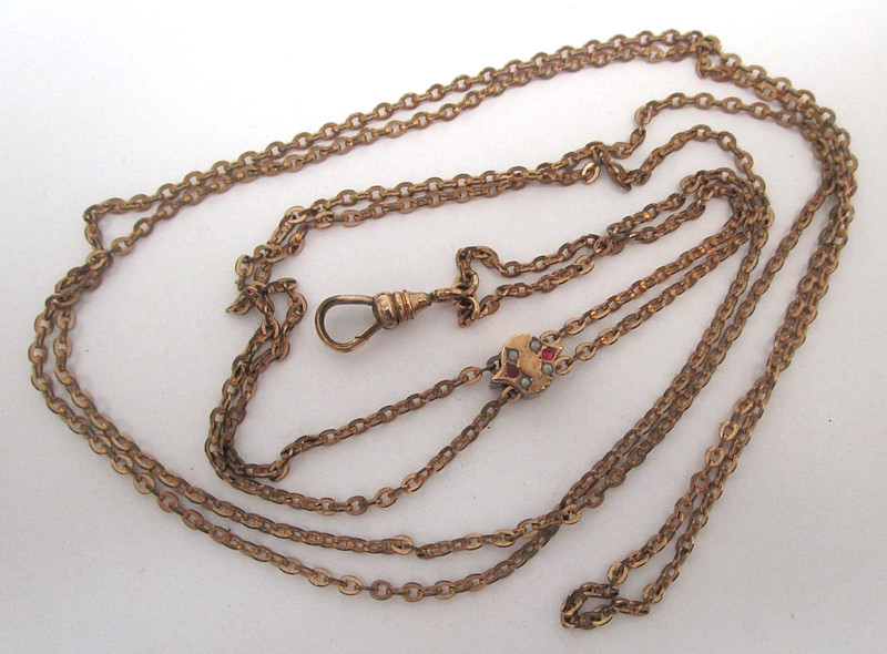 Victorian Gold Filled Pocket Watch Slide Chain with Rubies and Pearls 24″