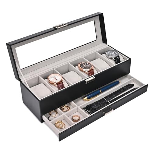 Watch Box, 6 Slot Watches Display Case with Drawer, Mens Watch 6-Slot Black