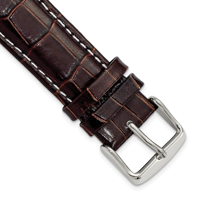 20mm 7.5″ Brown Croc-Style Leather White Stitch Silver-tone Buckle Watch Band