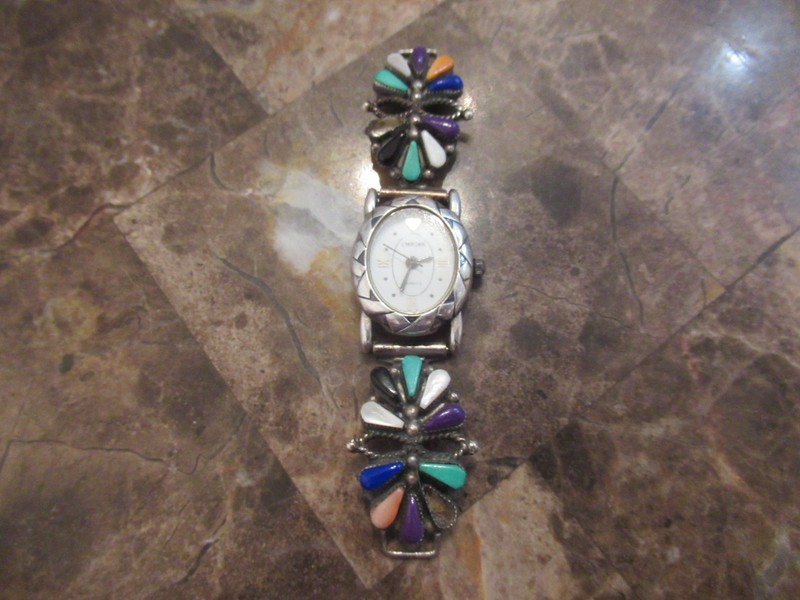 VTG. ZUNI STERLING SILVER,STONE INLAY ,THUNDERBIRD WATCH BAND NEW BATTERY