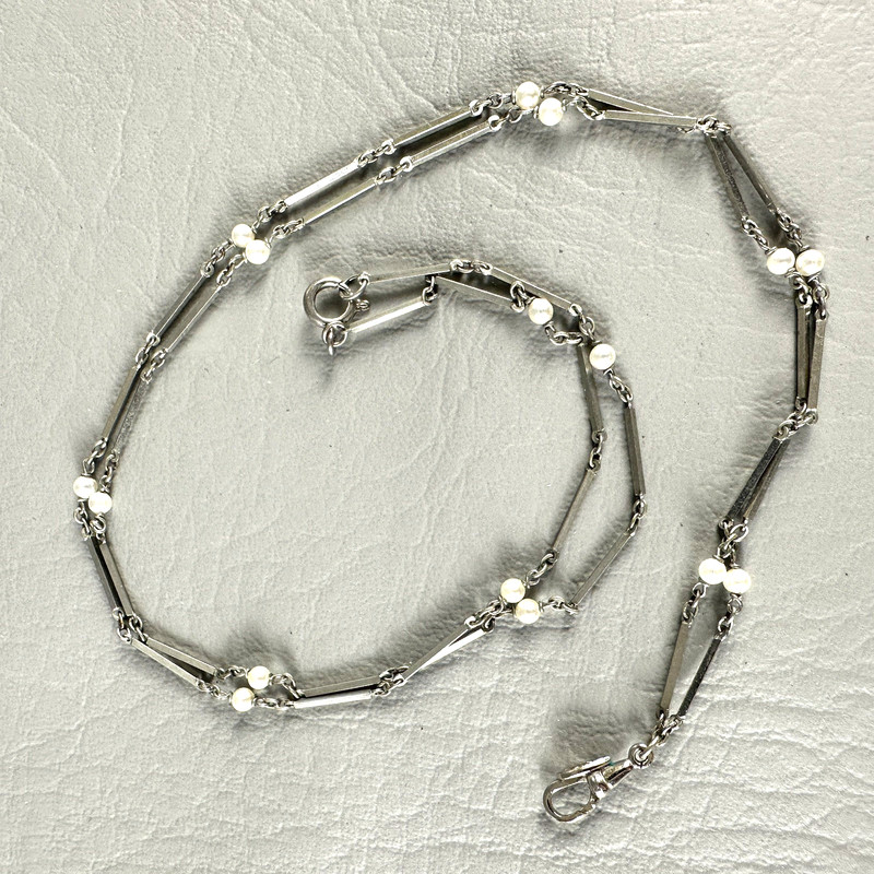 Watch Chain Faux Pearl Bar Link Silver Tone Necklace 14.5″ Double Strand