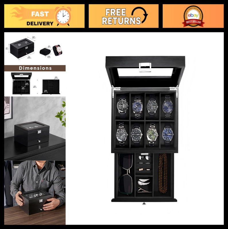 8-Slot Wooden Watch Box with Drawer, 2-Layer Jewelry Organizer for Men & Women,