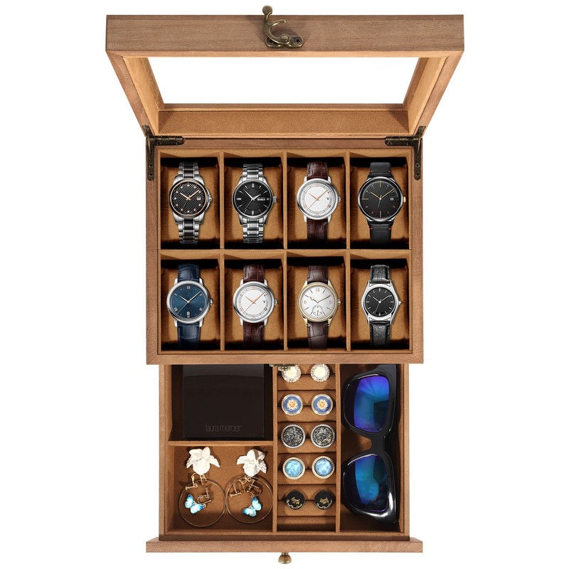 2-Layer Watch Box 8-Slot Display Case W/ Glass Lid Removable Pillows, Gift Idea