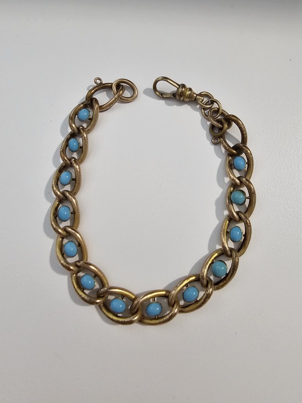 Antique Victorian Blue Turquoise Glass Cabachon Curb Watch Chain 8″ Dog Clip