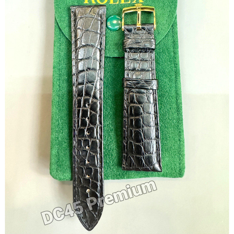 ROLEX Black Crocodile Leather Watch Strap Gold Tone Buckle 20mm NOS Vintage
