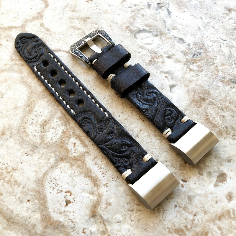 Black and Gray Embossed Leather Watch Strap Band for Fitbit Charge 6 5 and 4