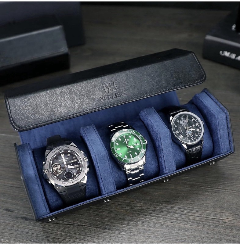 Watch Roll Case 3 Slots Hexagon Portable Helmdy Watch Case PU Leather Black/Blue gallery