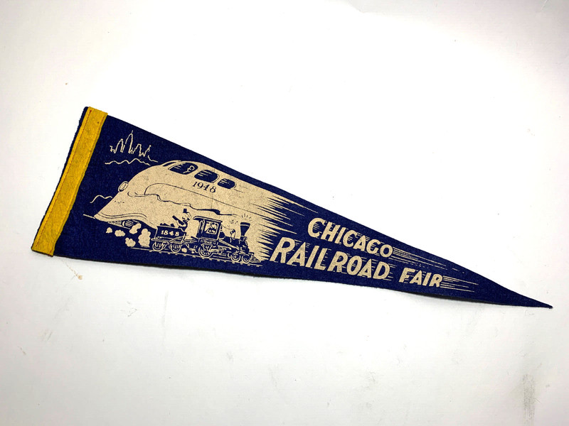 1948 Chicago Railroad Fair Felt Pennant – Blue & White with Trains
