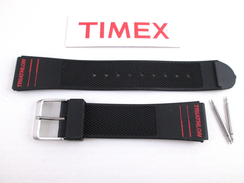 Genuine Timex Triathlon 19mm black rubber watch band red imprints TX362931 NOS