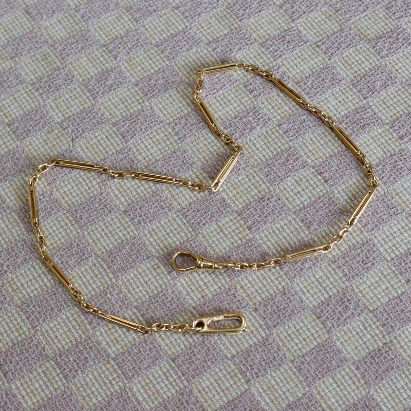 VINTAGE 14K YELLOW GOLD HANDMADE BAR LINK POCKET WATCH CHAIN w/DOG CLIP (13.5″)