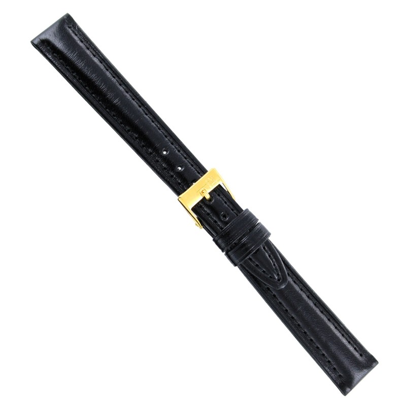 14mm Glossy Black Genuine Calfskin Leather Rounded Stitched Watch Band 709 REG