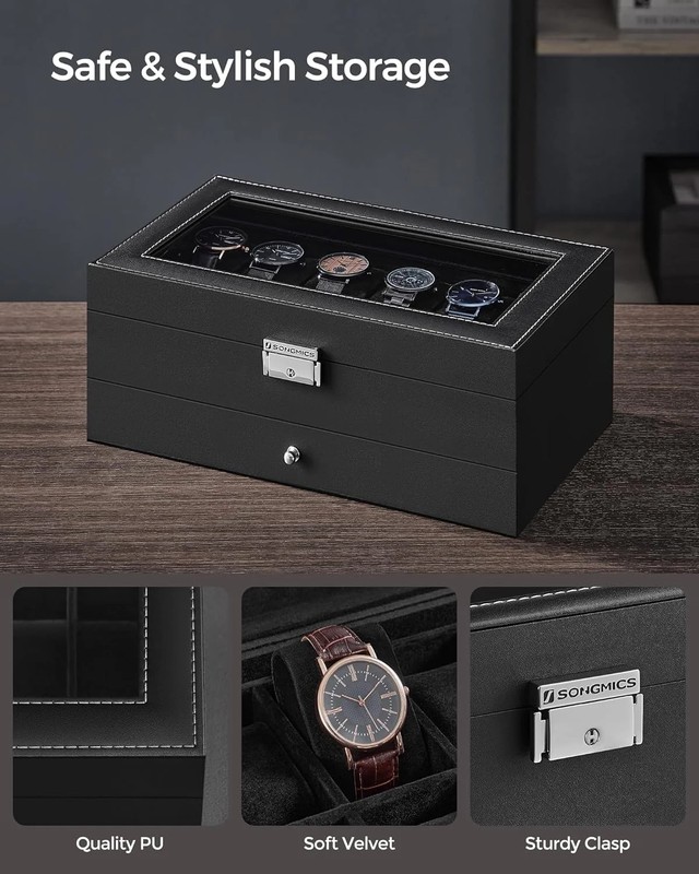 SONGMICS Watch Box, 12-Slot Watch Case Organizer with Large Glass Lid, 2 Layers, gallery