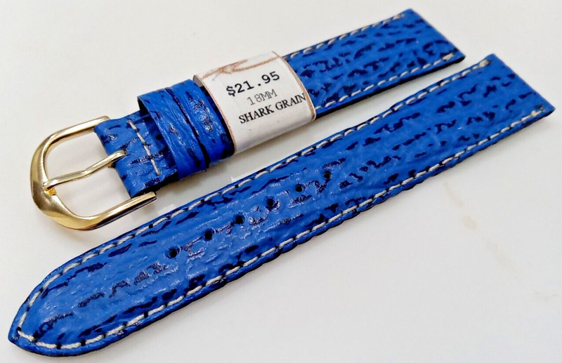 New ZRC France Blue Shark Grain Genuine Leather 18mm Watch Band Gold Tone Buckle gallery