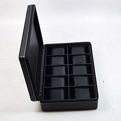 10 Watch Briefcase Black Carbon Fiber Zippered Travel Storage Case 50MM Father's gallery