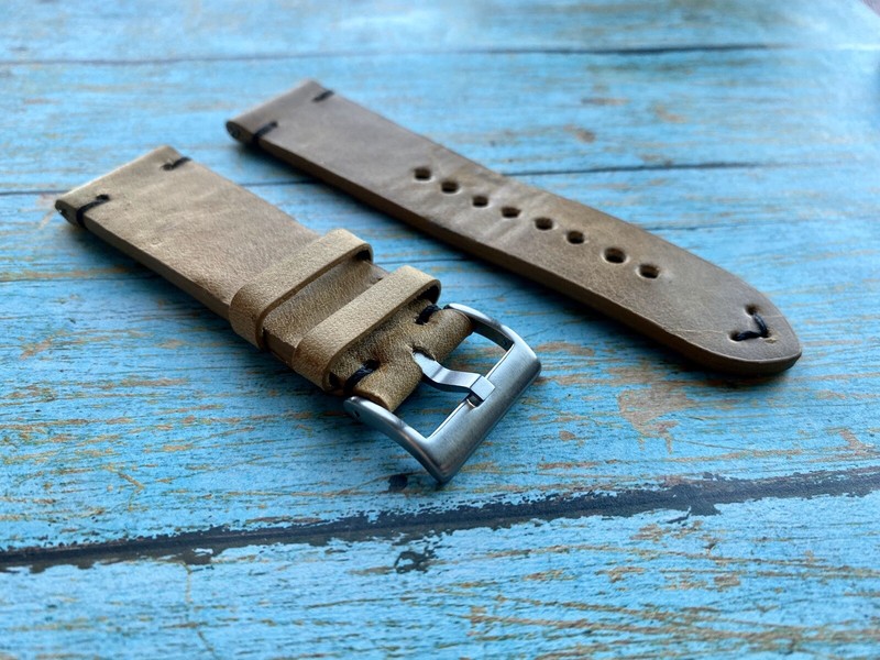 23mm Lt BROWN TAN Vintage Crazy Horse Leather Watch Strap Band THIN Black stitch gallery