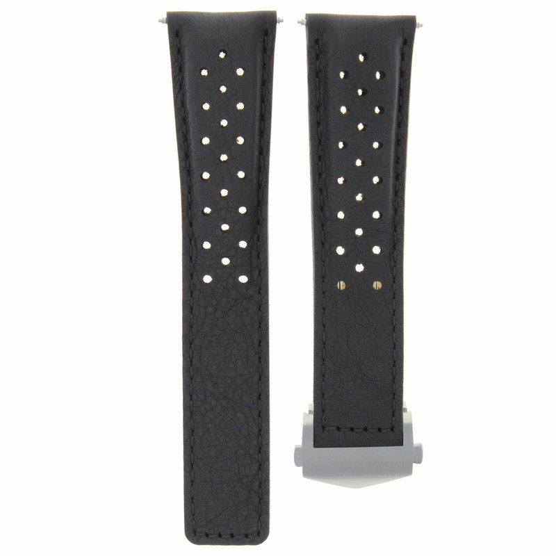LEATHER BAND STRAP CLASP 22MM FOR TAG HEUER CARRERA CALIBRE 16 BLACK PERFORAT