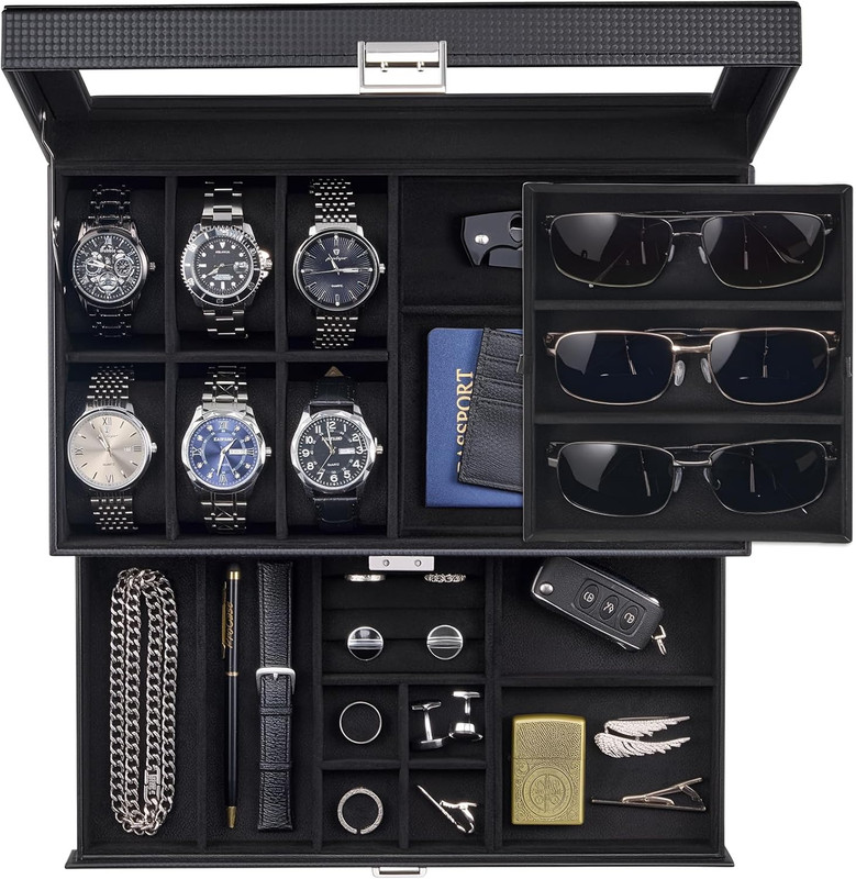 Mens Jewelry Box, Lockable 6 Slot Watch Case & 3 Slot Sunglasses Organizer, 2-La