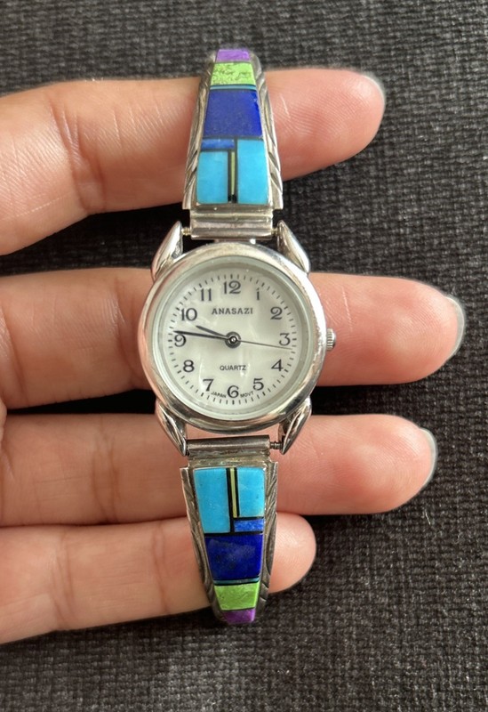 Sterling Silver Multi-Stone Inlay Watchband Signed R. Francisco. Needs Battery