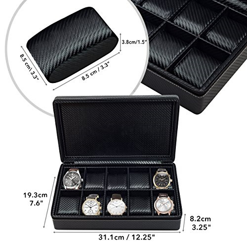 10 Watch Briefcase Black Carbon Fiber Zippered Travel Storage Case 50MM Father's gallery