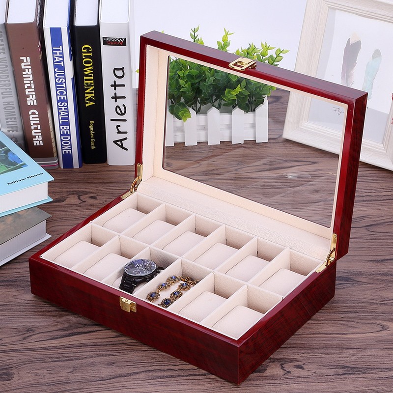 3/6/10/12 Slot Wooden Watch Box Glass Lid Jewelry Organizer Display Case Gift gallery