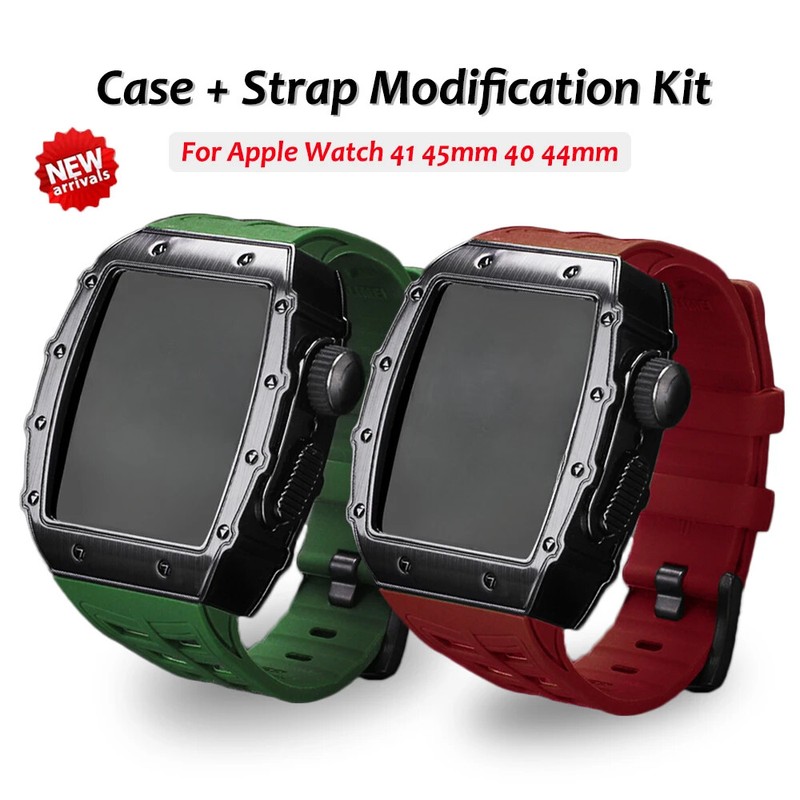 Stainless Steel RM Mod Kit Case Strap for Apple Watch 9 8 7 6 Cover Rubber Band
