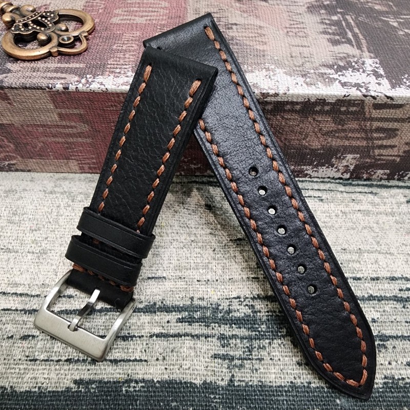 22mm Handmade Black Matte Italian Veg Tan Leather Watch Strap Brown Stitch 22-20