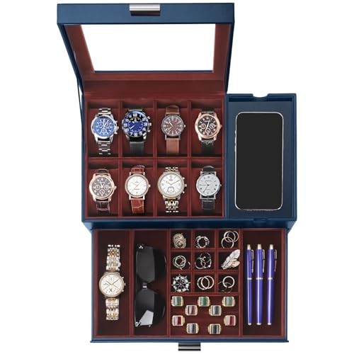 Watch Box, Watch Case for Men, 8 Slot Watch Display Case with Blue + Brown
